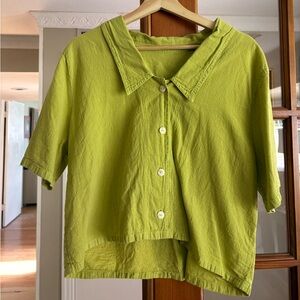Women's yellow-green cropped Button Down antique Shirt
